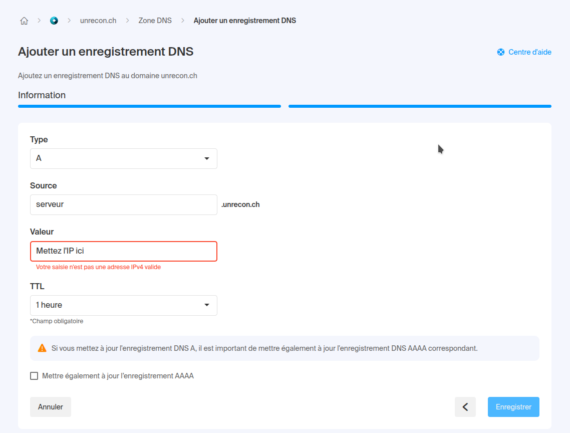 Zone DNS d'Infomaniak pour l'ajout d'enregistrementd - formulaire
