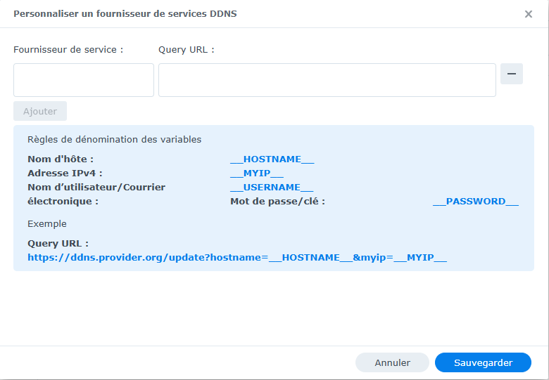 Panneau de configuration du NAS, Pop-Up pour le fournisseur