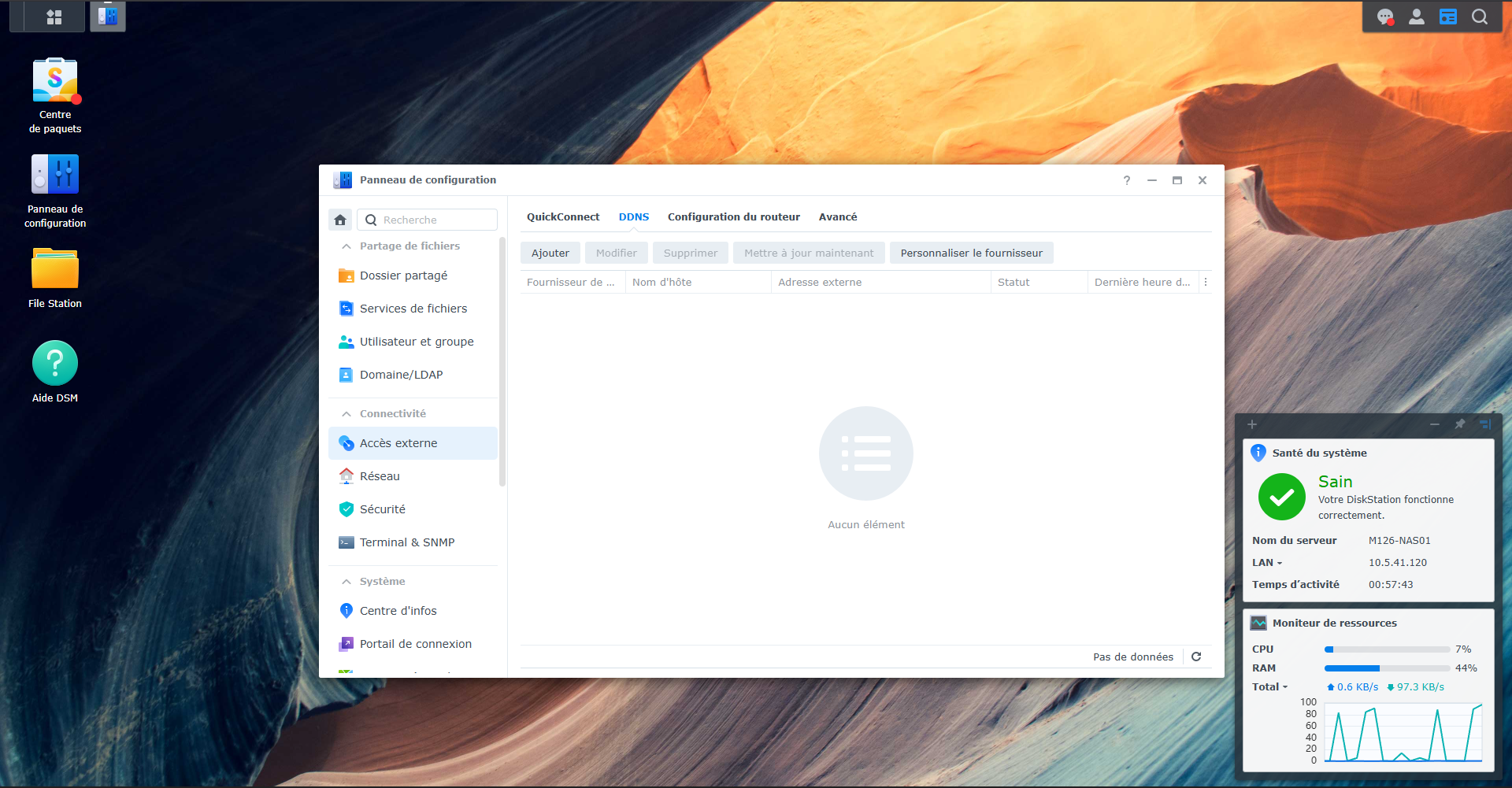 Panneau de configuration du NAS